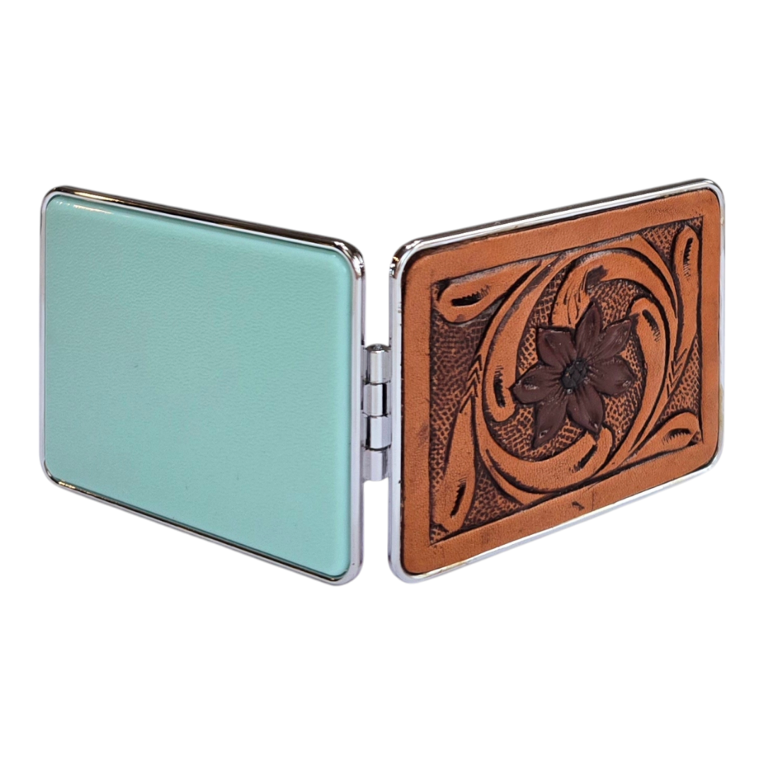 Mini Handheld Purse Mirror with Decorative Leather Design On Outside
