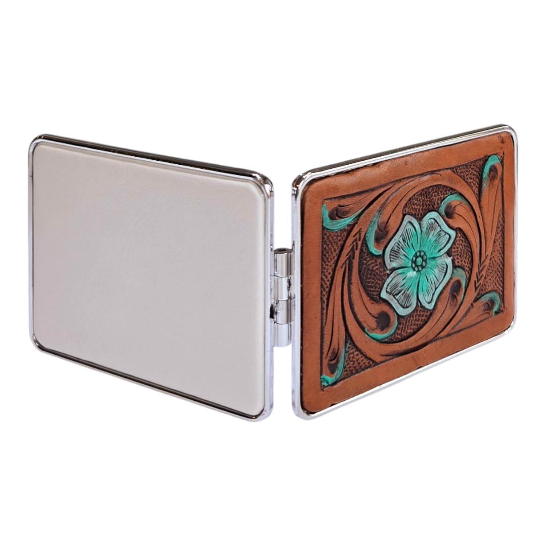 Mini Handheld Purse Mirror with Decorative Leather Design On Outside