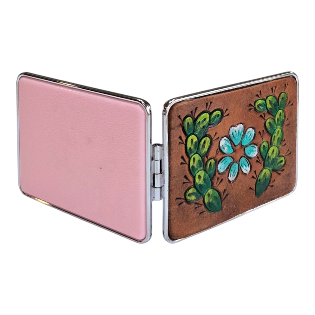 Mini Handheld Purse Mirror with Decorative Leather Design On Outside