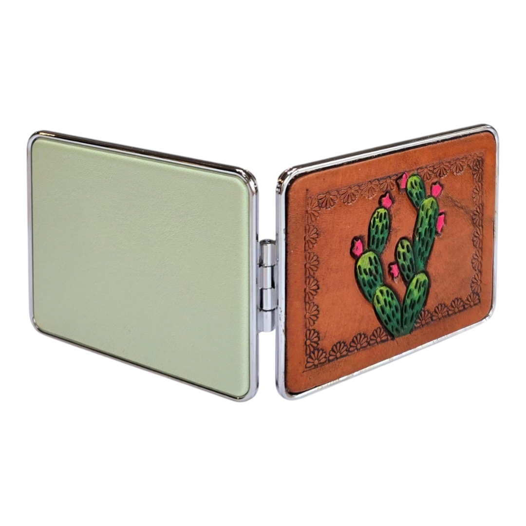 Mini Handheld Purse Mirror with Decorative Leather Design On Outside