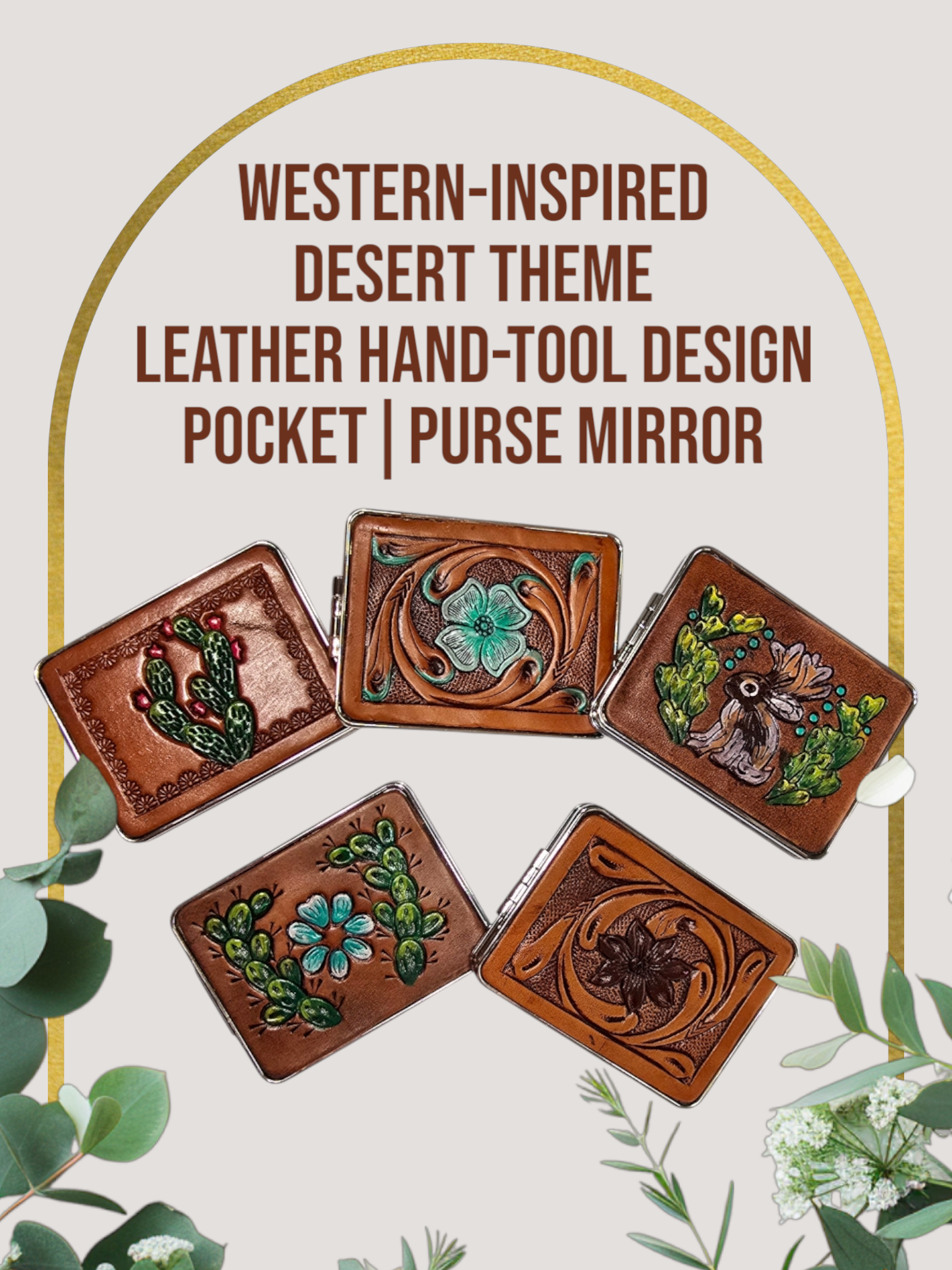 Mini Handheld Purse Mirror with Decorative Leather Design On Outside