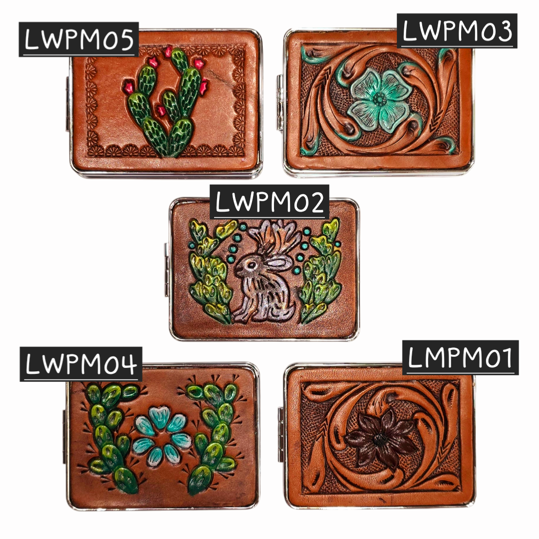 Mini Handheld Purse Mirror with Decorative Leather Design On Outside