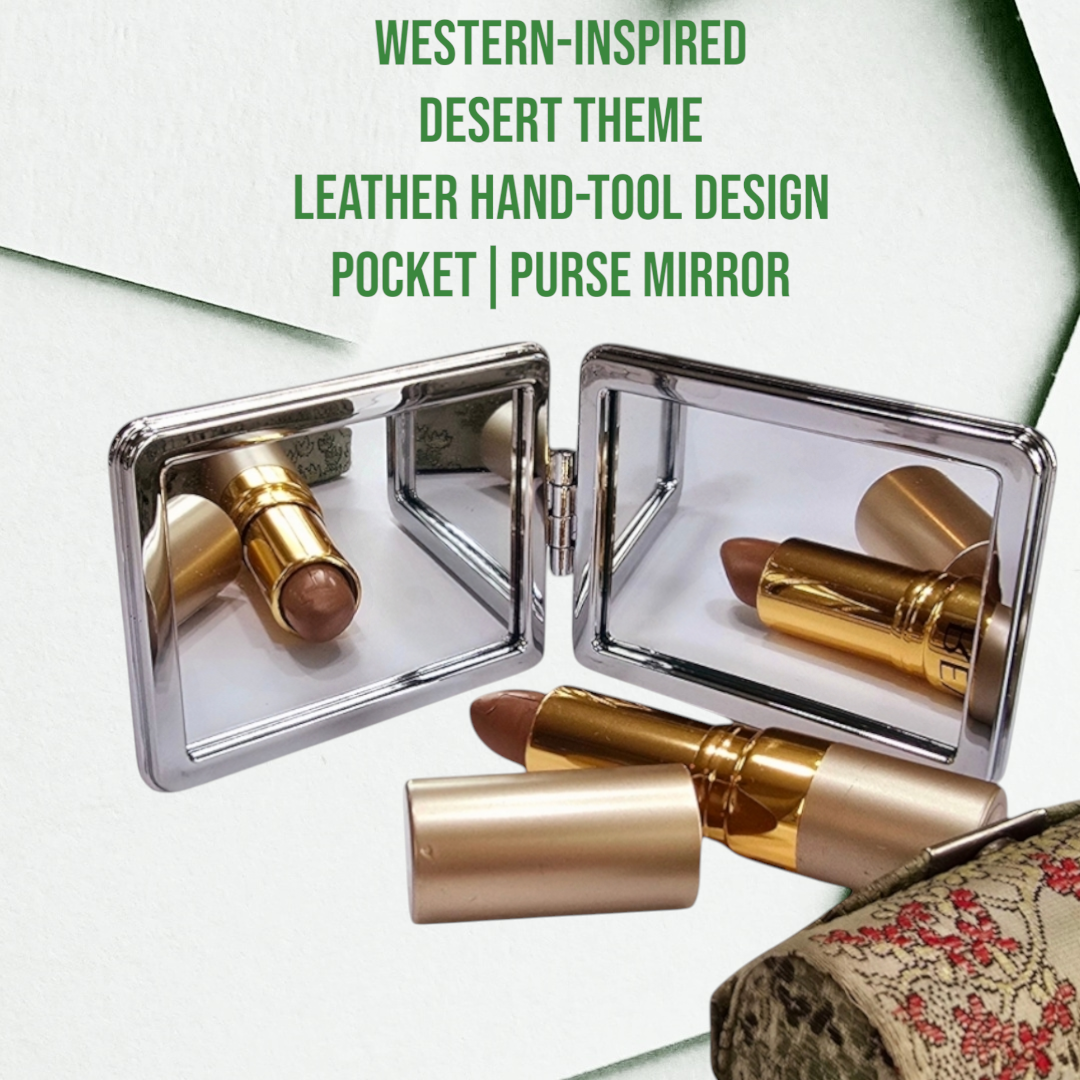 Mini Handheld Purse Mirror with Decorative Leather Design On Outside