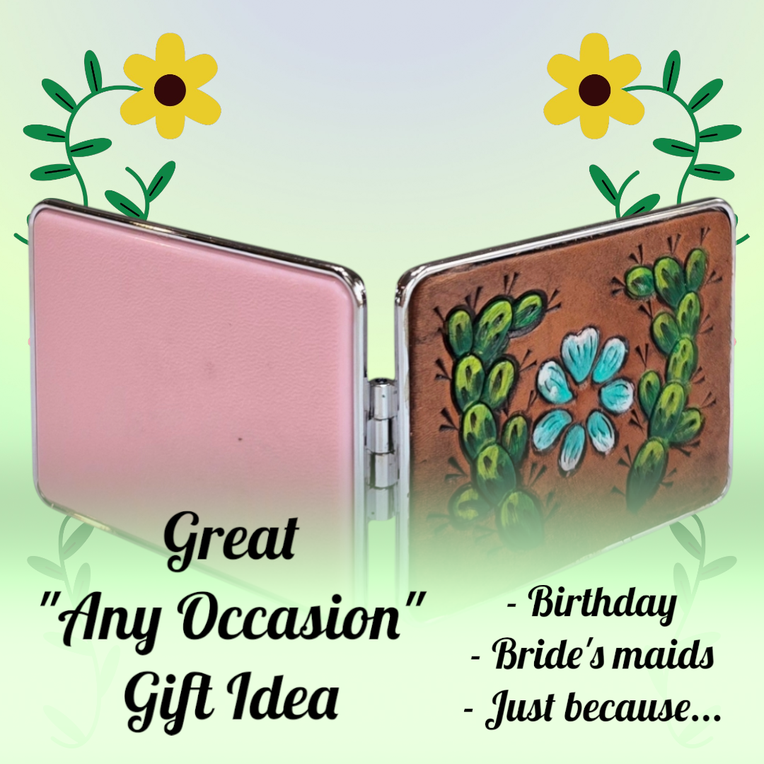 Mini Handheld Purse Mirror with Decorative Leather Design On Outside