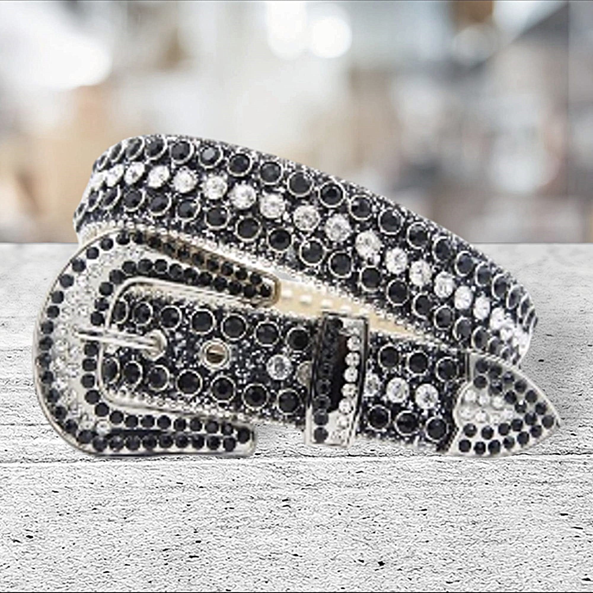 Unisex Black Glitter Rhinestone Western Belt with Clear Crystals | Cowgirl Cowboy Bling Statement Belt