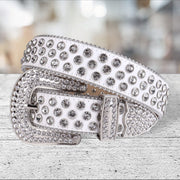 Unisex White Western Belt with Clear Rhinestones | Cowgirl Cowboy Bling Statement Belt