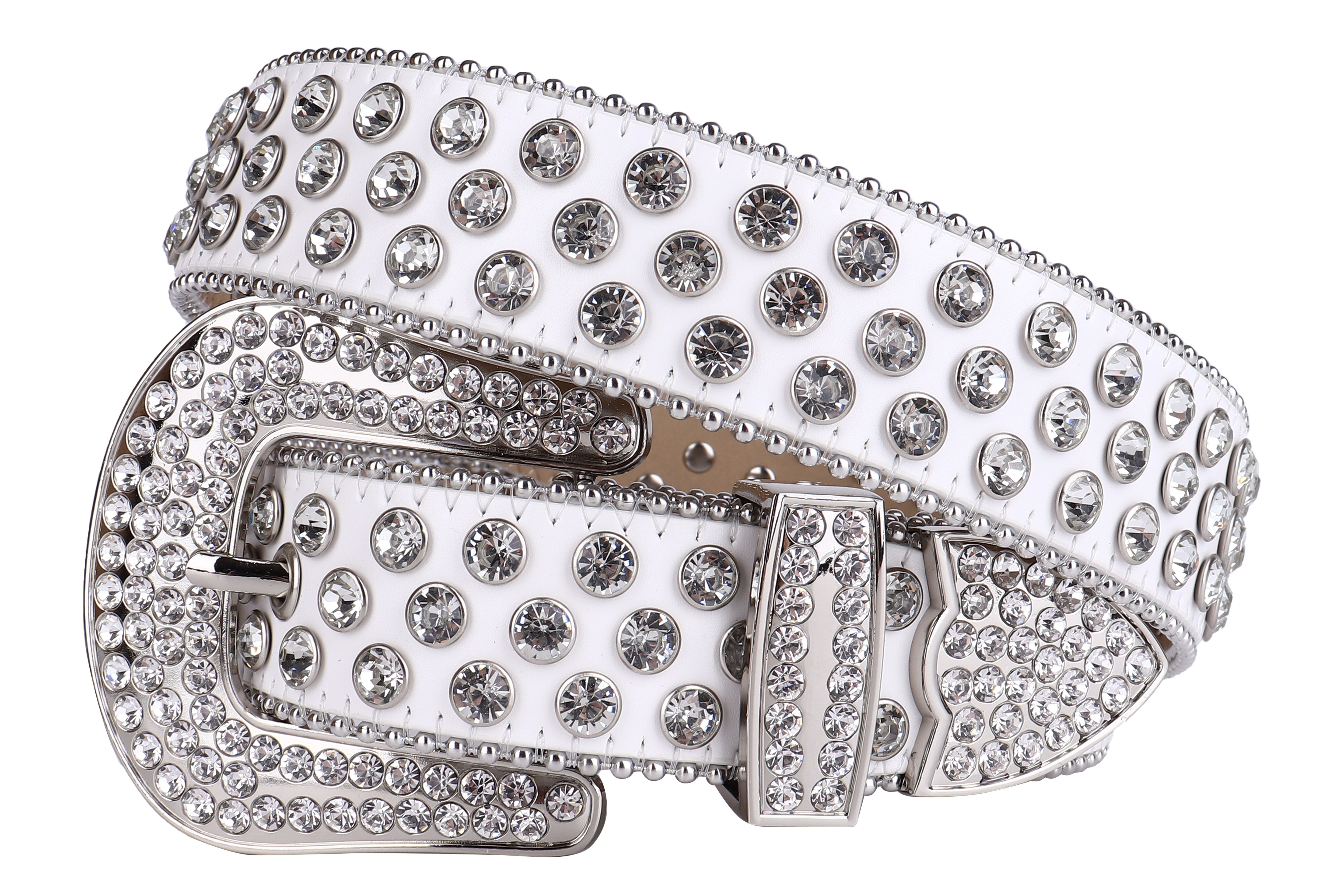 Unisex White Western Belt with Clear Rhinestones | Cowgirl Cowboy Bling Statement Belt