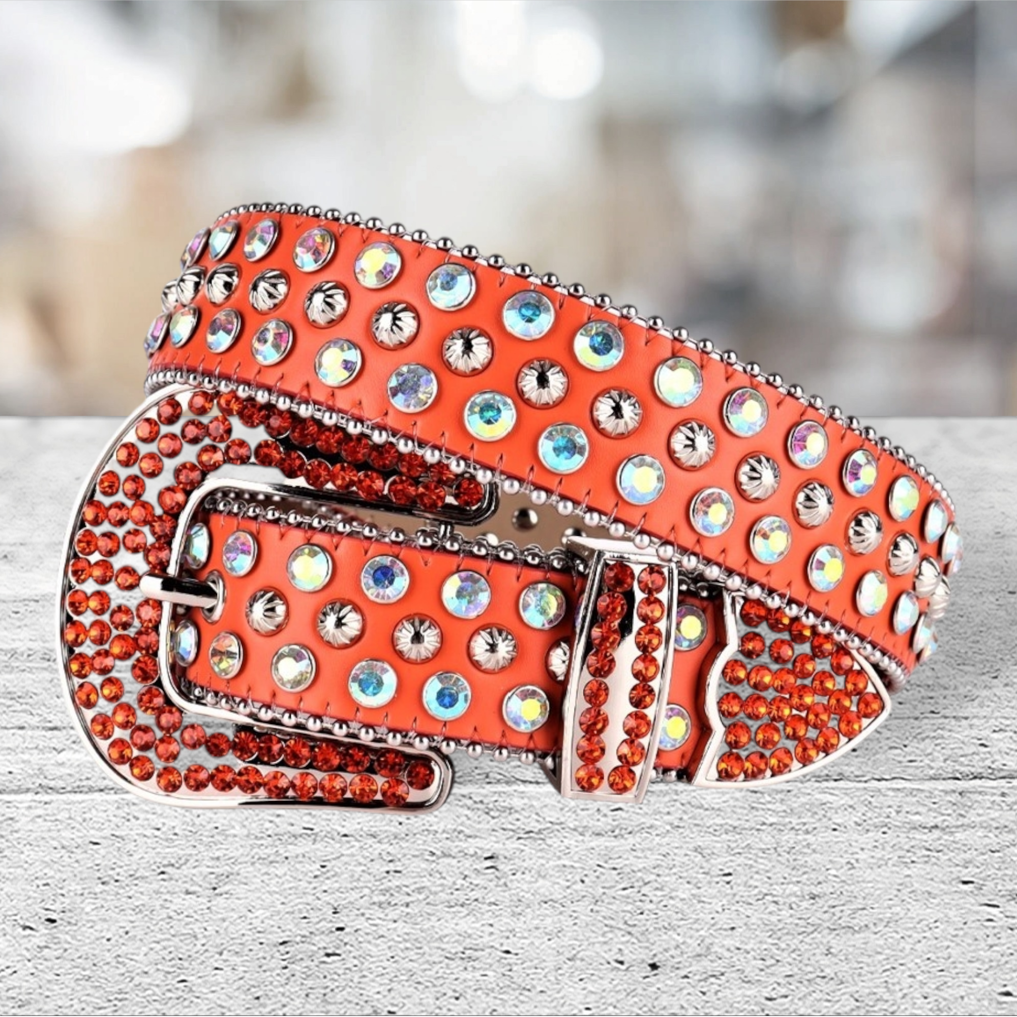 Unisex Orange Western Belt with Pumpkin Studs & Multicolor Rhinestones | Cowgirl Cowboy Bling Statement Belt