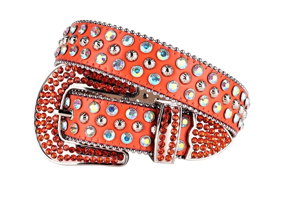 Unisex Orange Western Belt with Pumpkin Studs & Multicolor Rhinestones | Cowgirl Cowboy Bling Statement Belt
