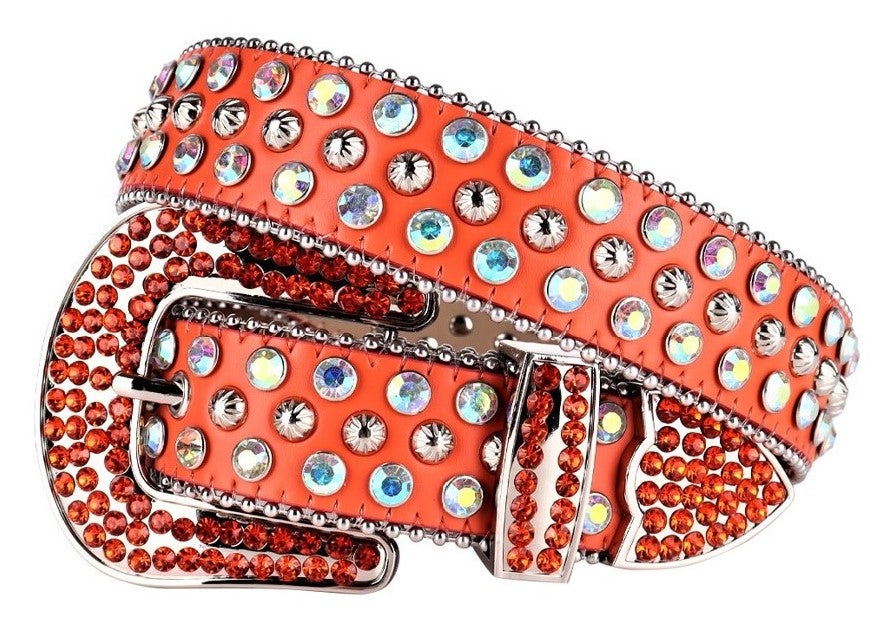Unisex Orange Western Belt with Pumpkin Studs & Multicolor Rhinestones | Cowgirl Cowboy Bling Statement Belt