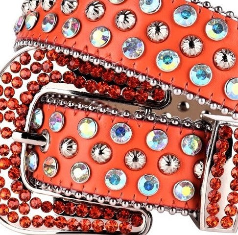 Unisex Orange Western Belt with Pumpkin Studs & Multicolor Rhinestones | Cowgirl Cowboy Bling Statement Belt