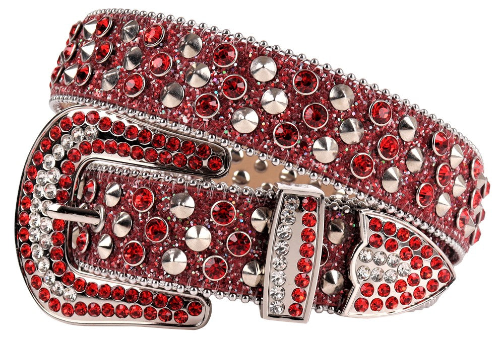 Unisex Red Glitter Rhinestone Western Belt with Silver Spikes & Silver Buckle | Cowgirl Cowboy Statement Belt