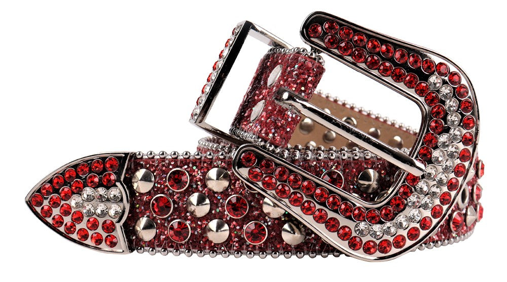 Unisex Red Glitter Rhinestone Western Belt with Silver Spikes & Silver Buckle | Cowgirl Cowboy Statement Belt