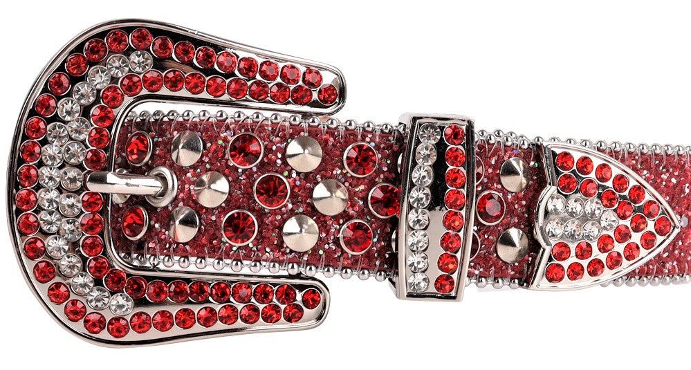 Unisex Red Glitter Rhinestone Western Belt with Silver Spikes & Silver Buckle | Cowgirl Cowboy Statement Belt