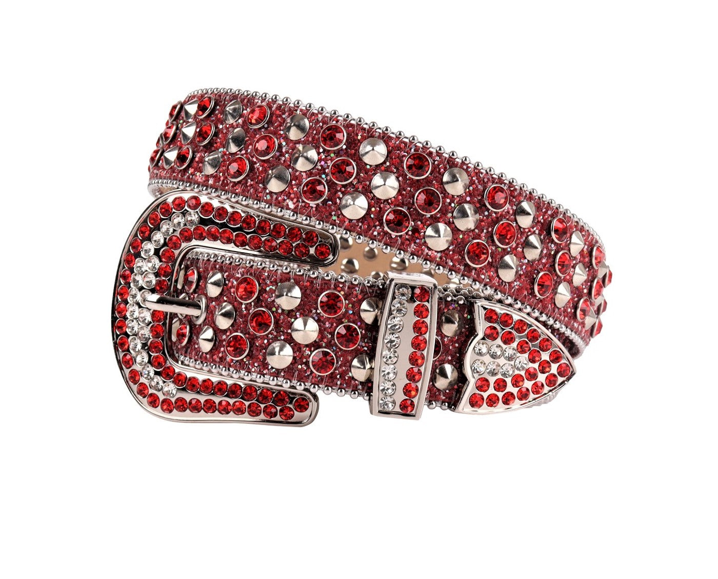 Unisex Red Glitter Rhinestone Western Belt with Silver Spikes & Silver Buckle | Cowgirl Cowboy Statement Belt