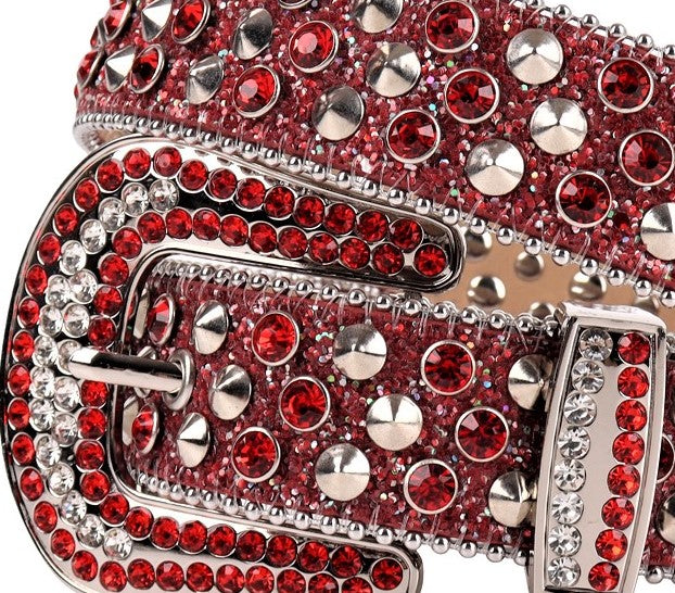 Unisex Red Glitter Rhinestone Western Belt with Silver Spikes & Silver Buckle | Cowgirl Cowboy Statement Belt