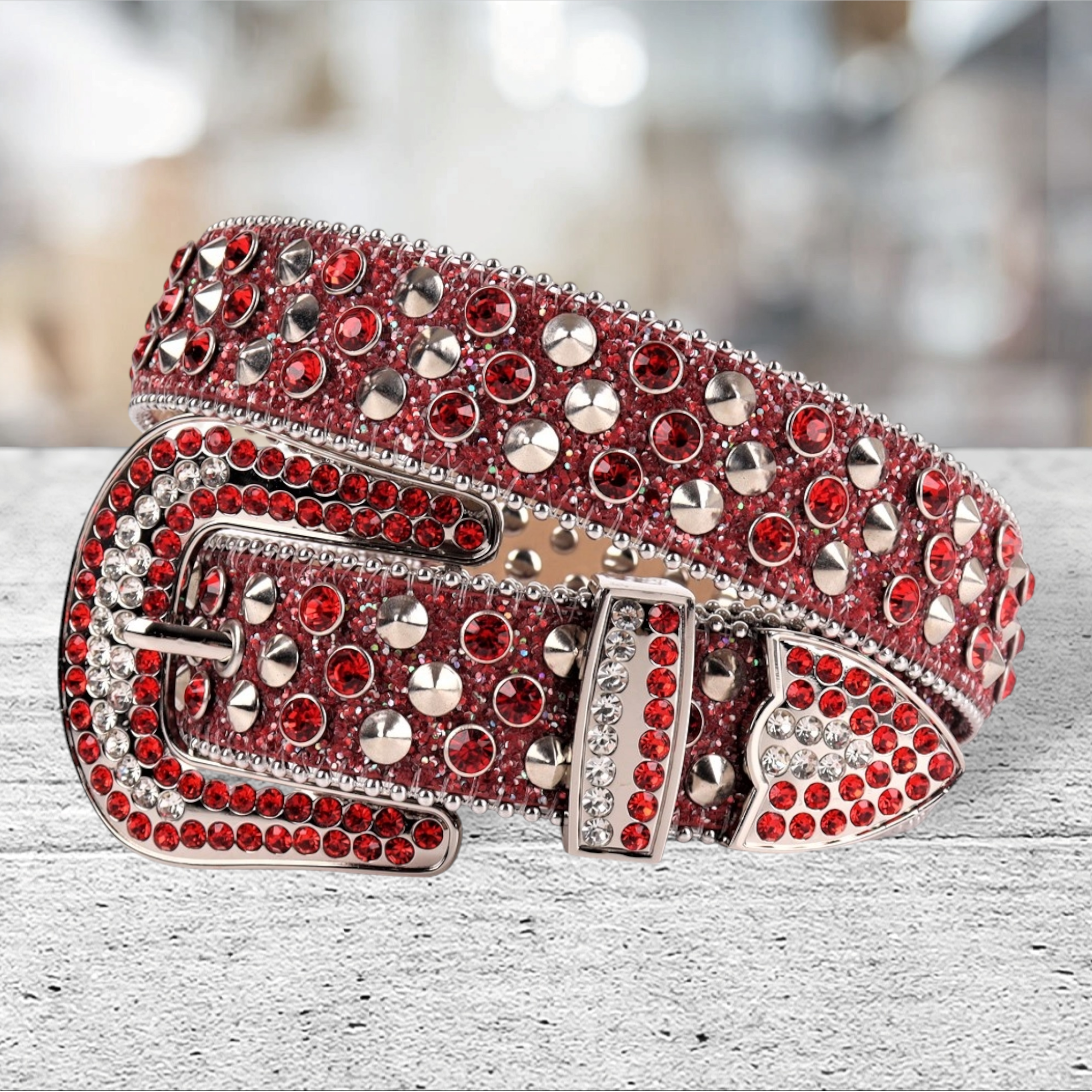 Unisex Red Glitter Rhinestone Western Belt with Silver Spikes & Silver Buckle | Cowgirl Cowboy Statement Belt