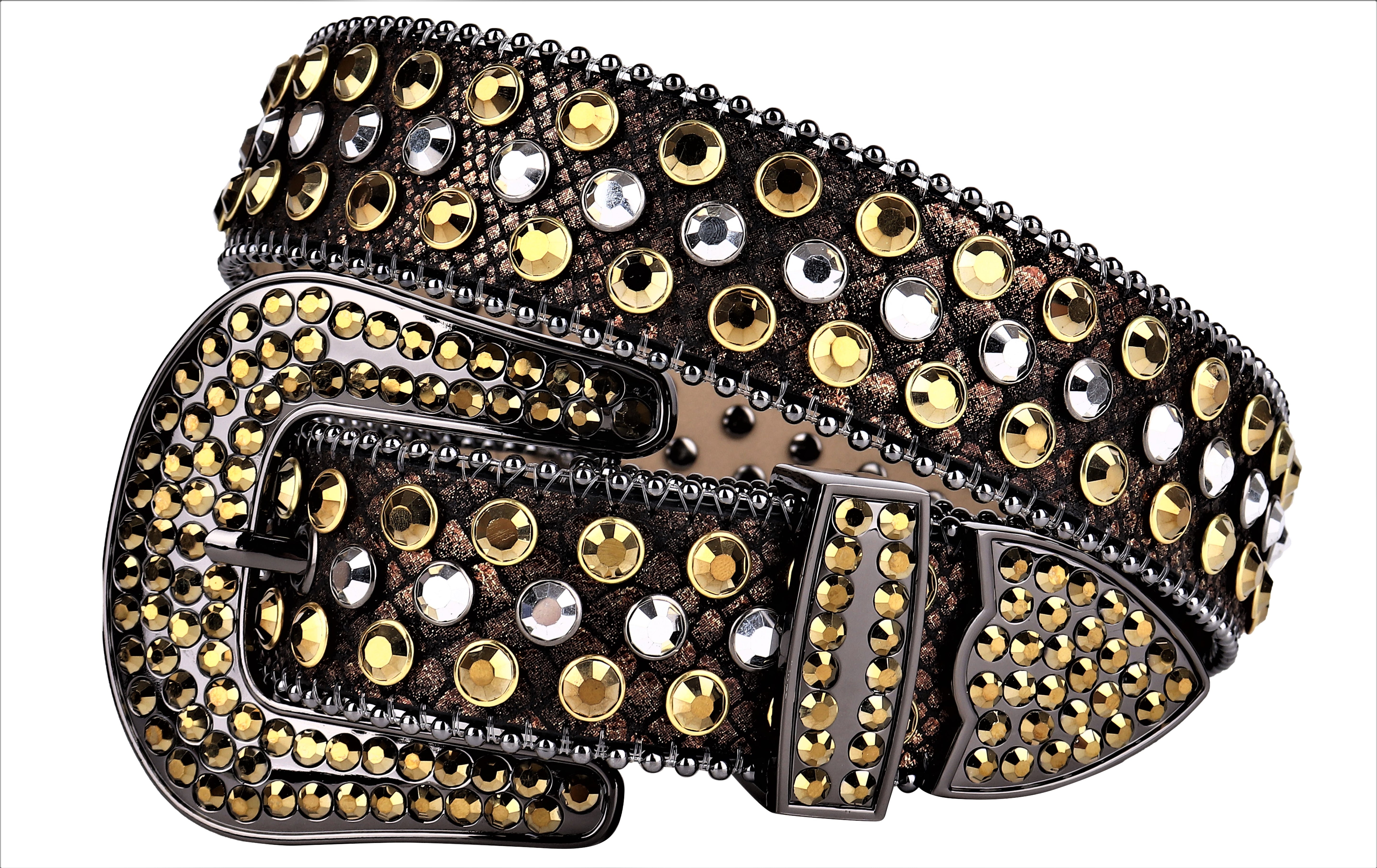Unisex Black & Gold Western Belt with Clear & Gold Rhinestones | Cowgirl Cowboy Bling Statement Belt