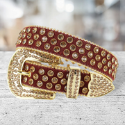 Unisex Burgundy Horsehair Western Belt with Champagne Rhinestones | Cowgirl Cowboy Bling Statement Belt