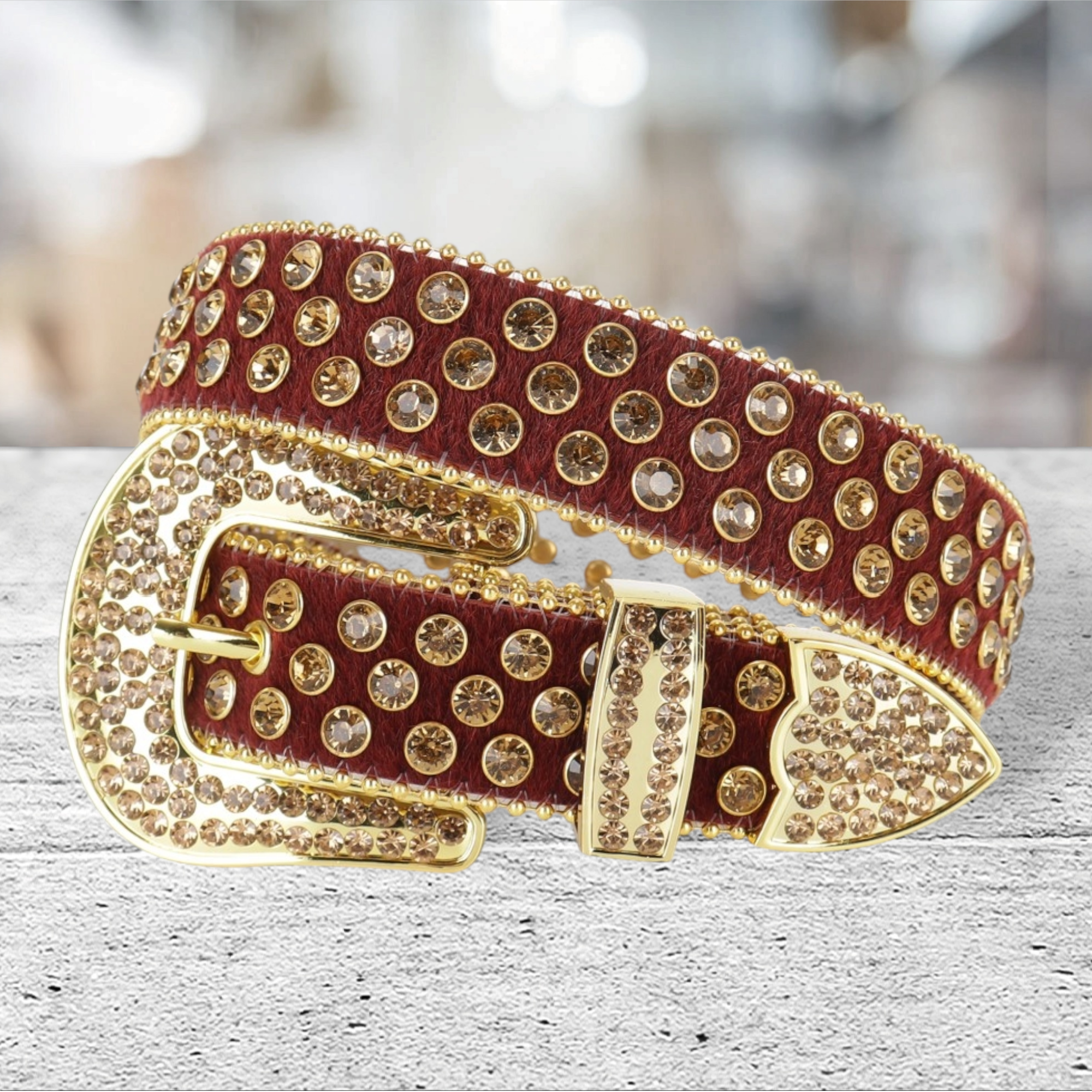Unisex Burgundy Horsehair Western Belt with Champagne Rhinestones | Cowgirl Cowboy Bling Statement Belt