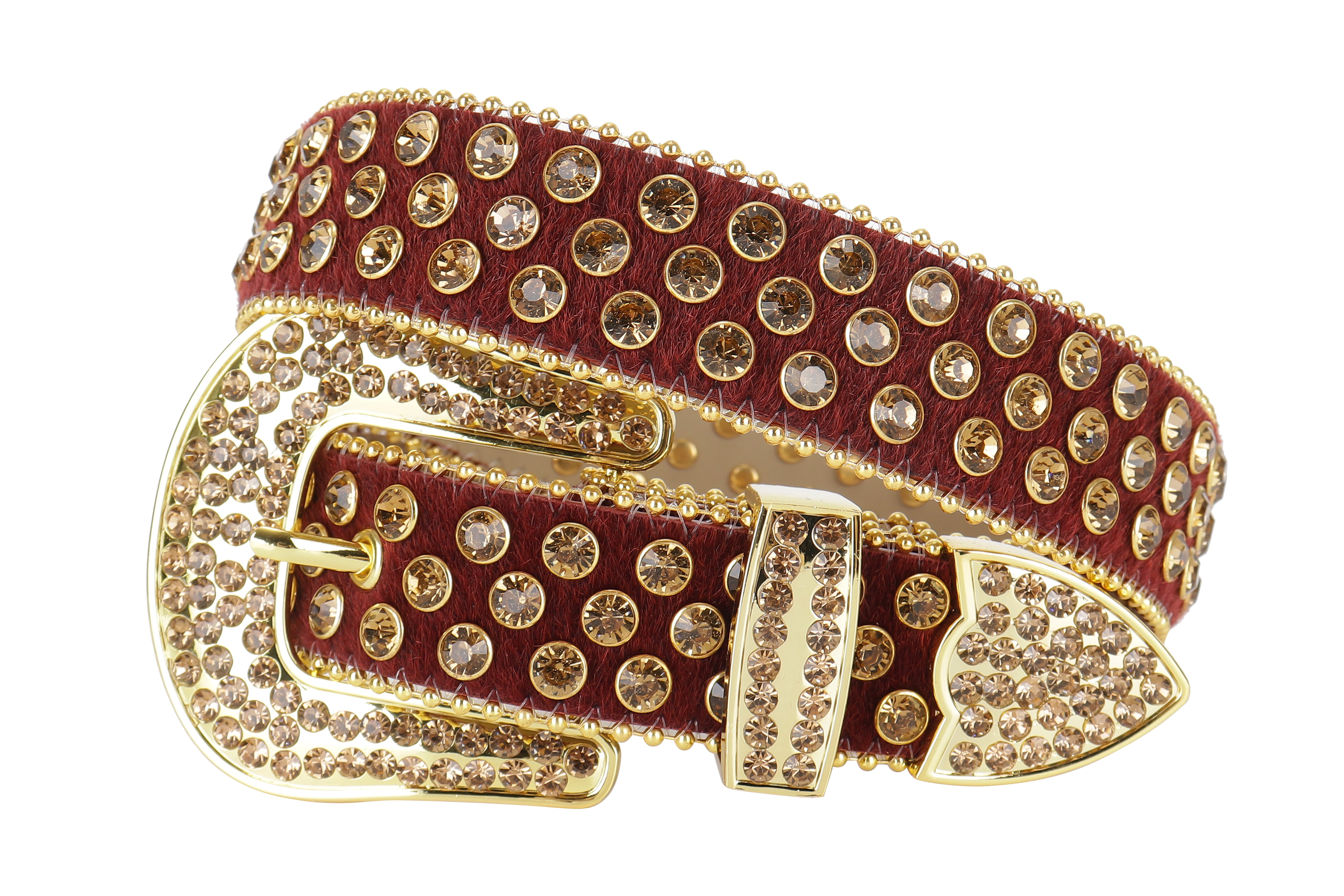 Unisex Burgundy Horsehair Western Belt with Champagne Rhinestones | Cowgirl Cowboy Bling Statement Belt