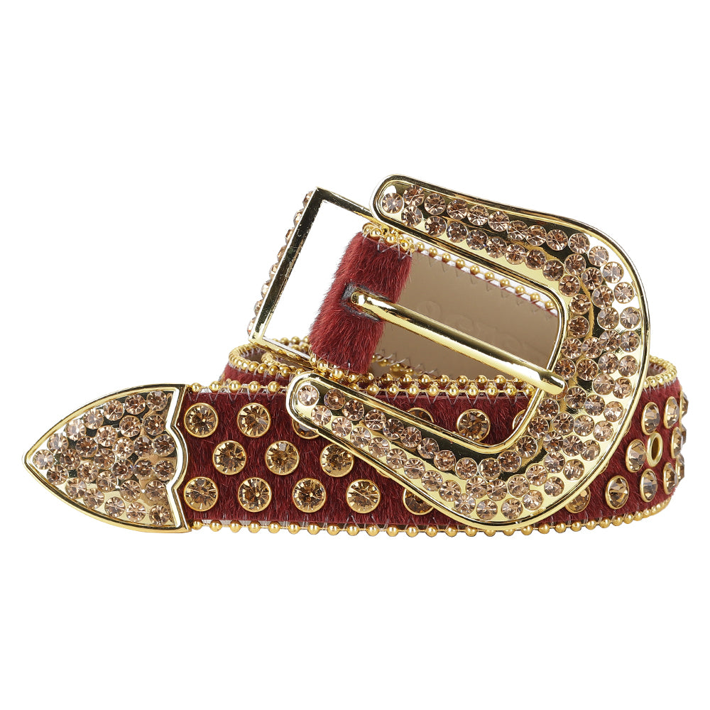 Unisex Burgundy Horsehair Western Belt with Champagne Rhinestones | Cowgirl Cowboy Bling Statement Belt