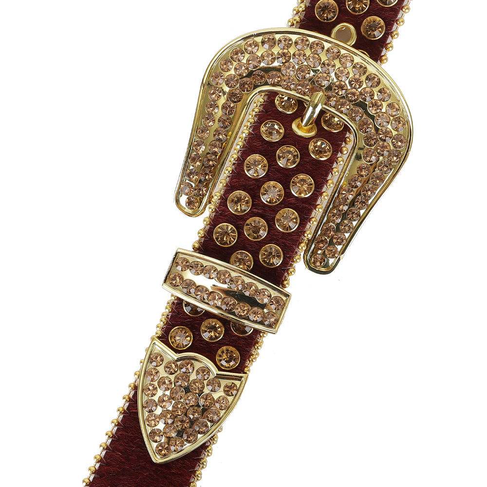 Unisex Burgundy Horsehair Western Belt with Champagne Rhinestones | Cowgirl Cowboy Bling Statement Belt