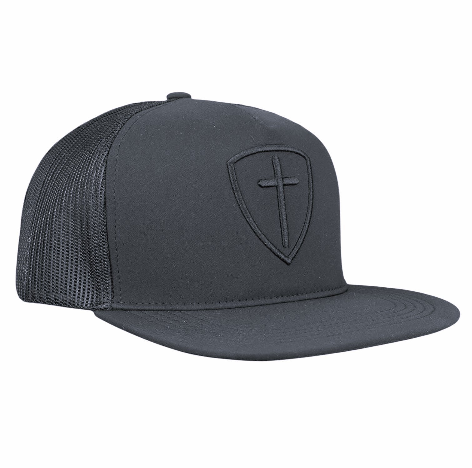 Black Cross And Shield Flat Brim Trucker Hat - SWC4907