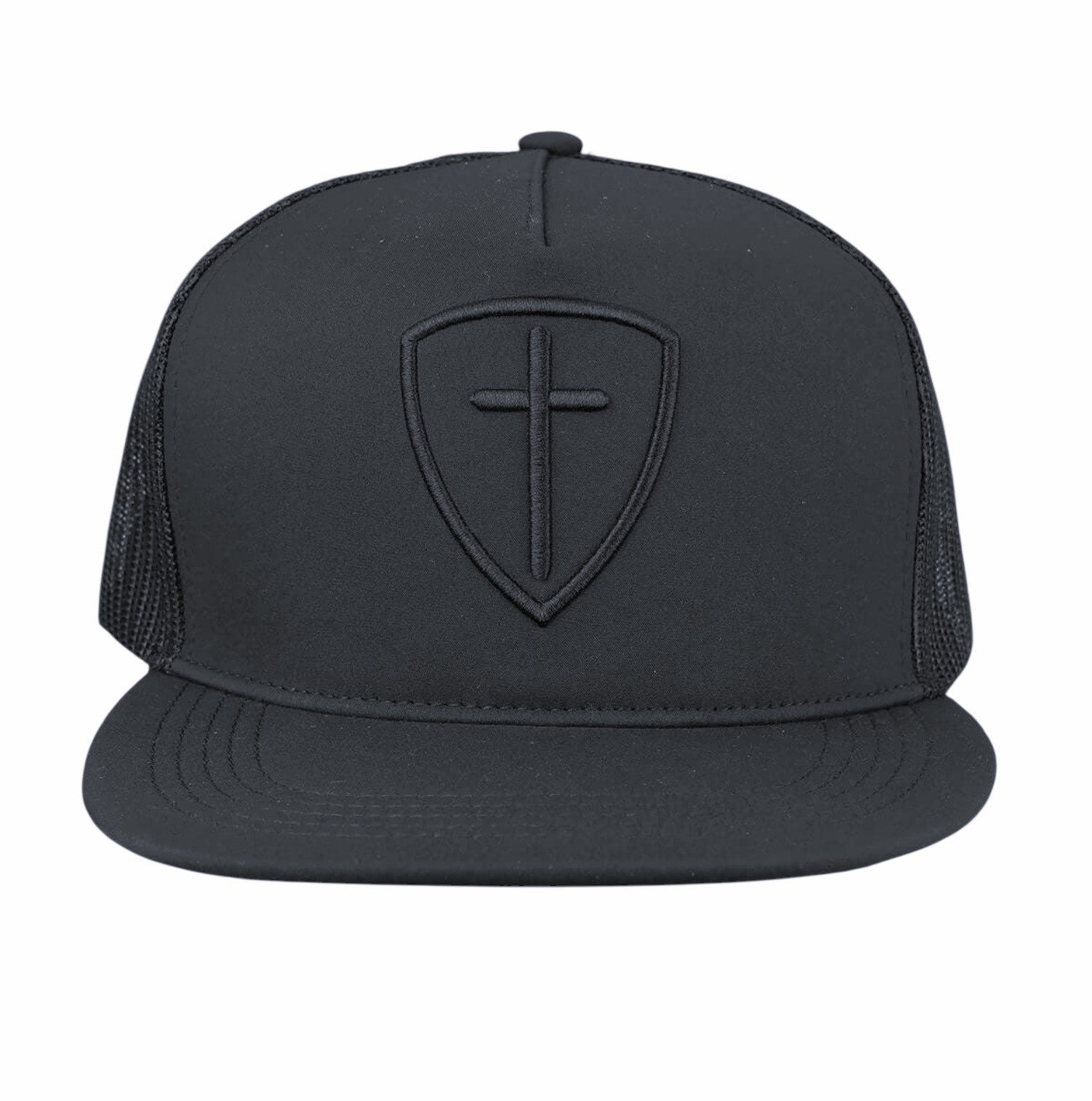 Black Cross And Shield Flat Brim Trucker Hat - SWC4907