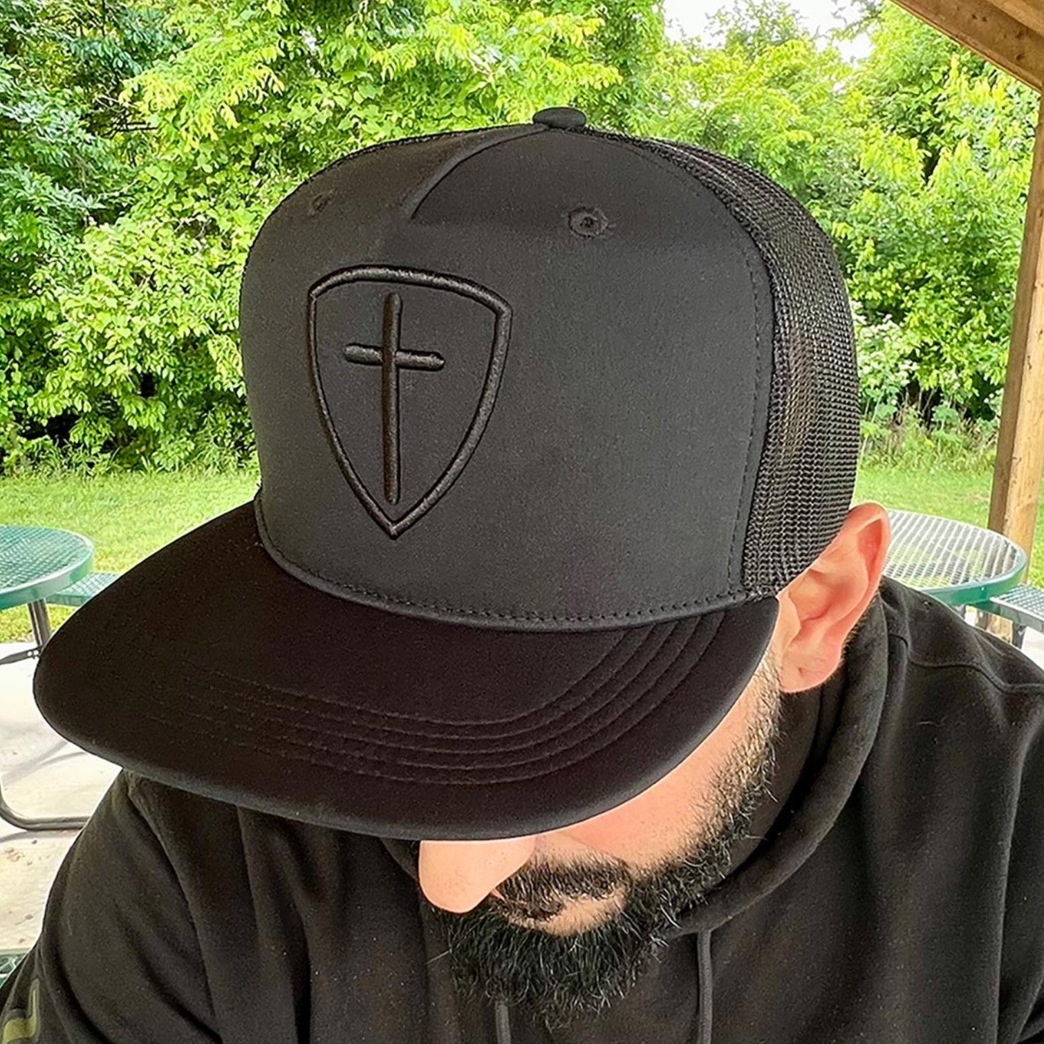 Black Cross And Shield Flat Brim Trucker Hat - SWC4907
