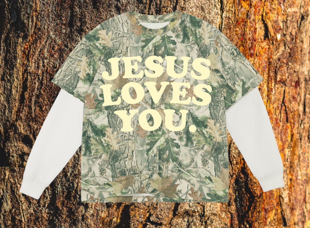 Jesus Loves You Vintage Wood Camo and White Long Sleeve Oversized Unisex T-Shirt 7.5 Oz - Limited Edition