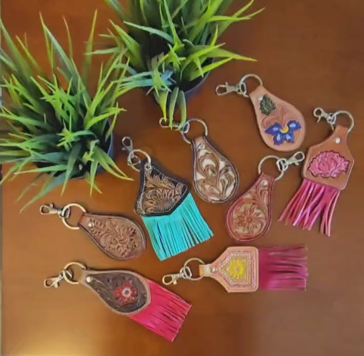 Load video: Genuine Leather Handmade Keychains | Cowhide, Hand-Tooled, Assorted