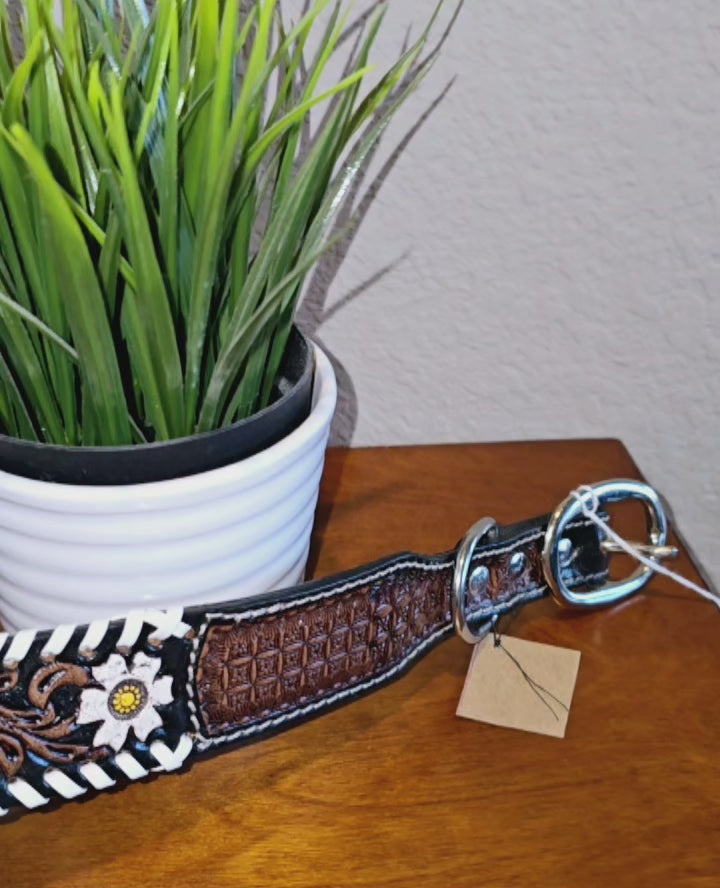 Load video: Handmade Hand-Tooled with Flower Leather Dog Collar - 20.0" L x 1.5" W