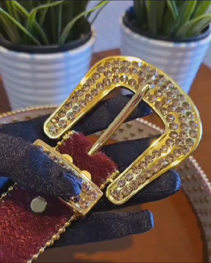 Load video: Unisex Burgundy Horsehair Western Belt with Champagne Rhinestones | Cowgirl Cowboy Bling Statement Belt