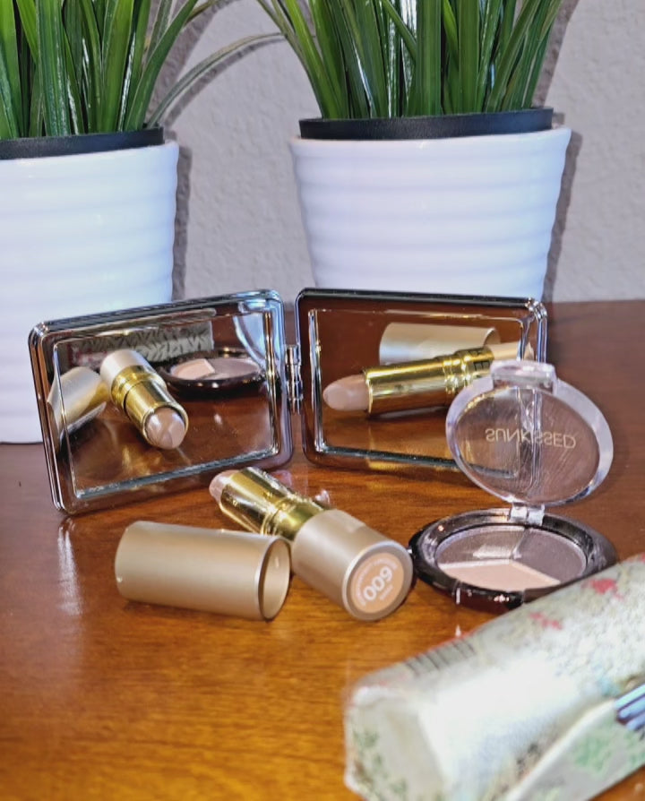 Load video: Mini Handheld Purse Mirror with Decorative Leather Design On Outside