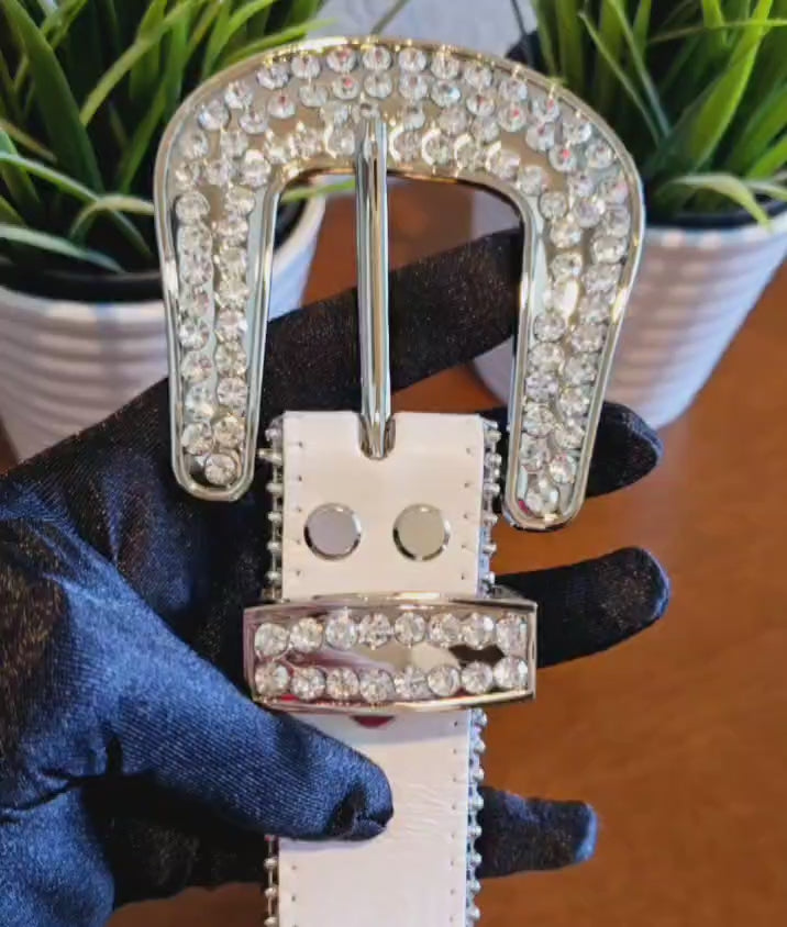 Load video: Unisex White Western Belt with Clear Rhinestones | Cowgirl Cowboy Bling Statement Belt