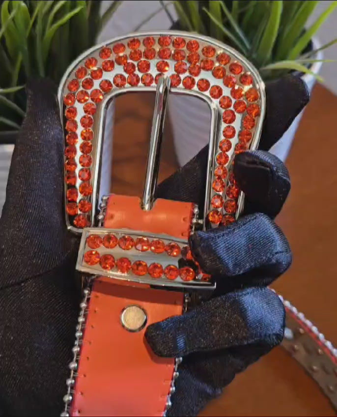 Load video: Unisex Orange Western Belt with Pumpkin Studs &amp; Multicolor Rhinestones | Cowgirl Cowboy Bling Statement Belt