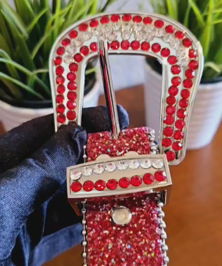 Load video: Unisex Red Glitter Rhinestone Western Belt with Silver Spikes &amp; Silver Buckle | Cowgirl Cowboy Statement Belt