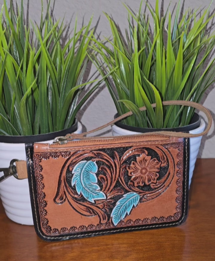 Load video: Women&#39;s and Girl&#39;s Leather Hand-Tooled Coin Wristlet Purse w/Flower Design and Turquoise Leaves