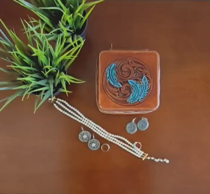 Load video: Hand-Tool Genuine Leather Jewelry Box with Turquoise Leaves Design